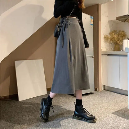 Korean Pleated Lace-Up Midi Skirt