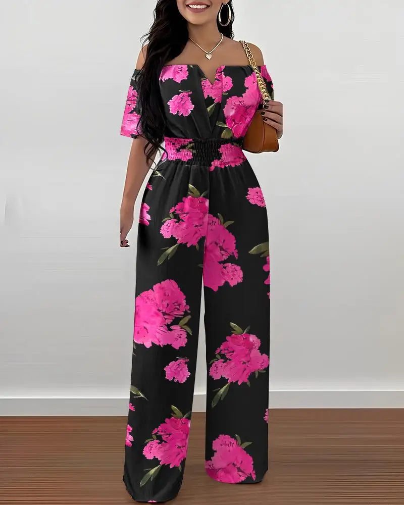 Off Shoulder Shirred Waist Jumpsuit