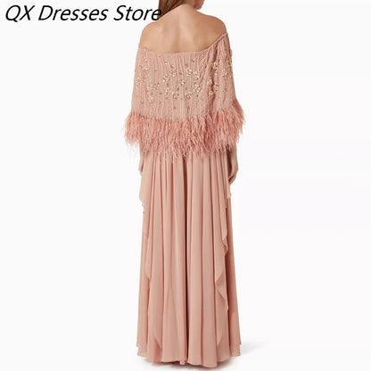 Feather Off-Shoulder Prom Gown