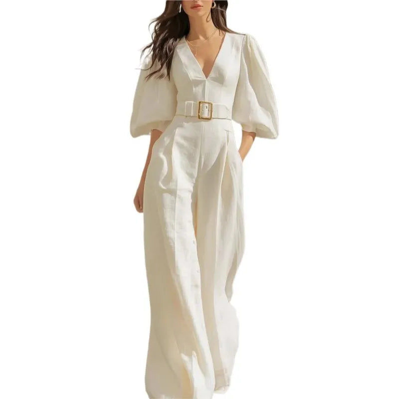 Puff Sleeve Belted Wide Leg Jumpsuit