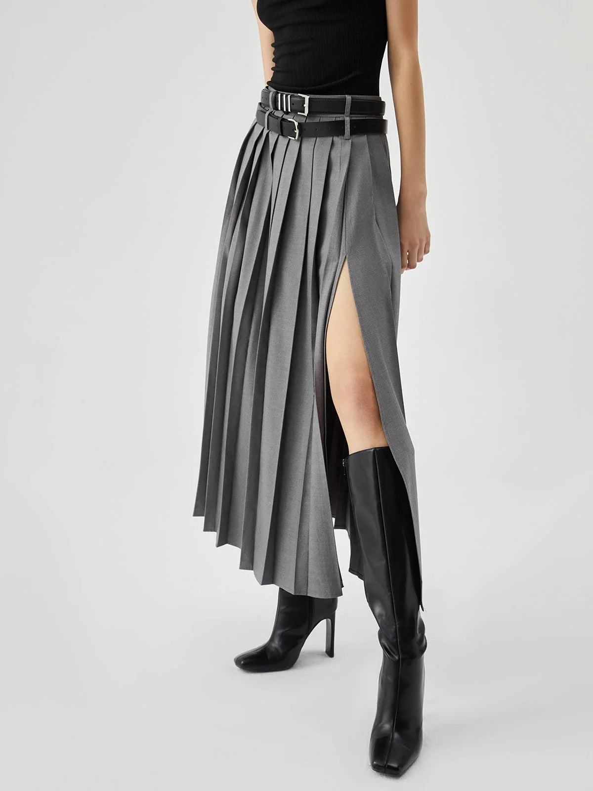 Grey Pleated Slit Ankle Skirt