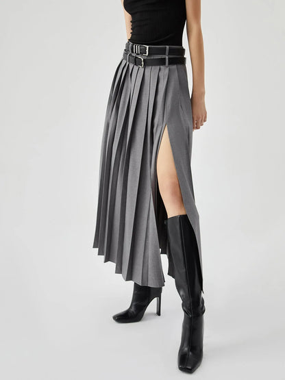 Grey Pleated Slit Ankle Skirt