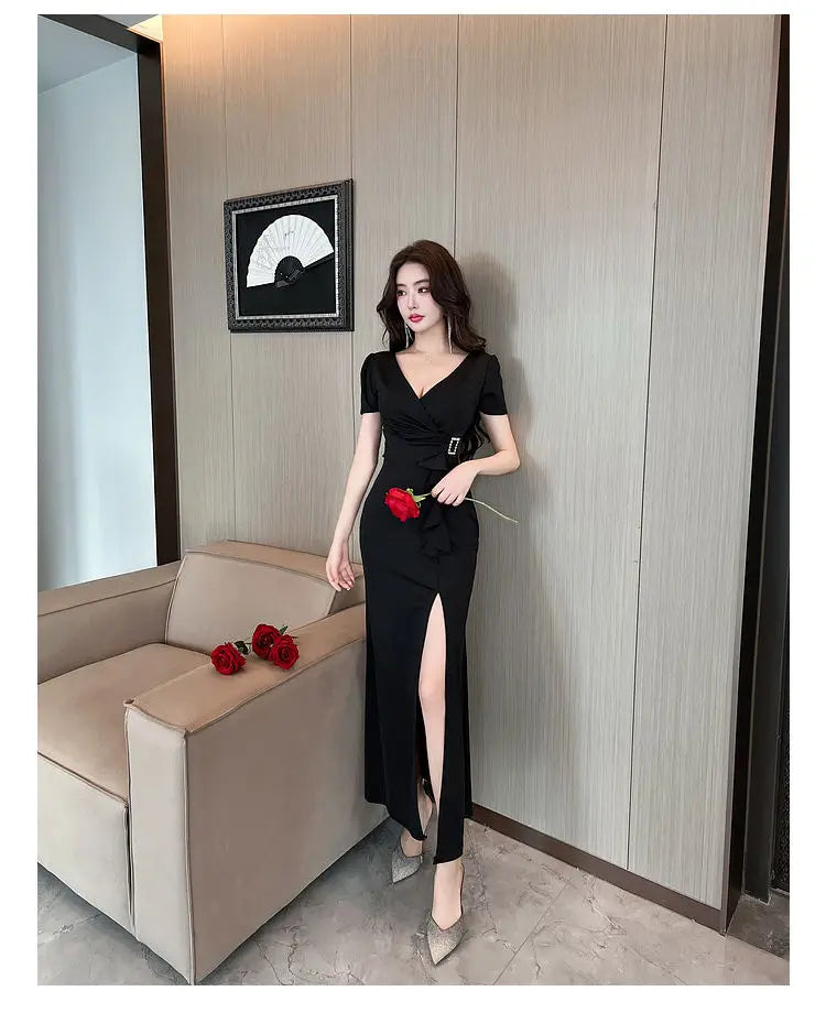 Asymmetric V-Neck Ankle Dress