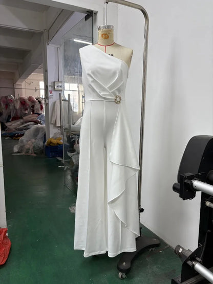 White One Shoulder Ruffle Jumpsuit