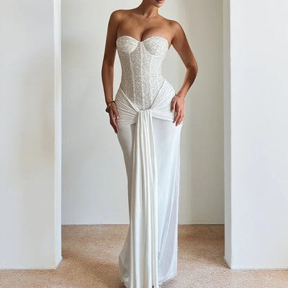 Backless Sequin Ribbon Maxi Dress
