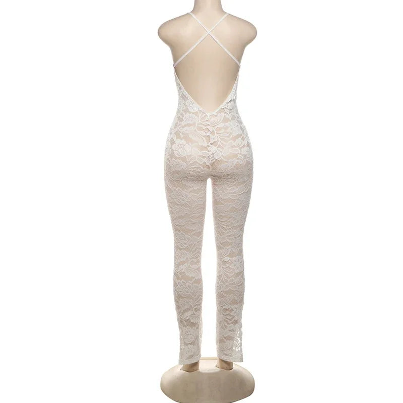 Cross Back Sheer V-Neck Jumpsuit