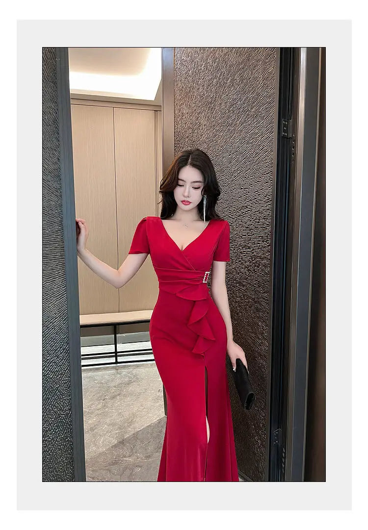 Asymmetric V-Neck Ankle Dress