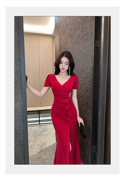Asymmetric V-Neck Ankle Dress