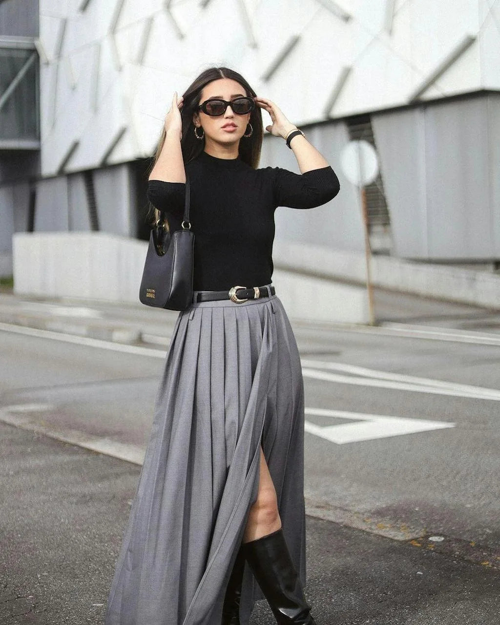Grey Pleated Slit Ankle Skirt