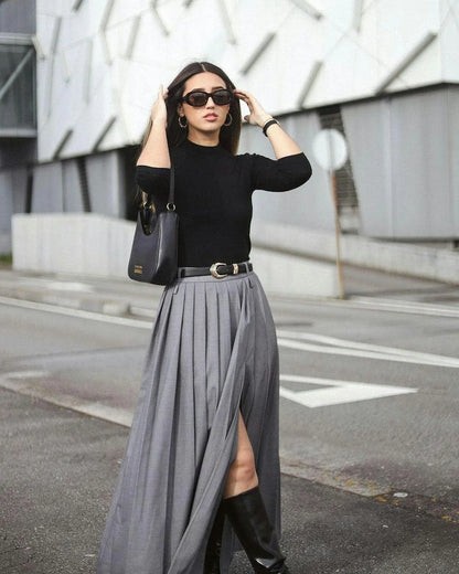 Grey Pleated Slit Ankle Skirt