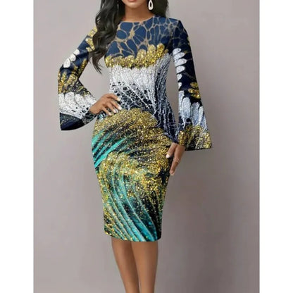 Metallic Swirl Flared Sleeve Dress