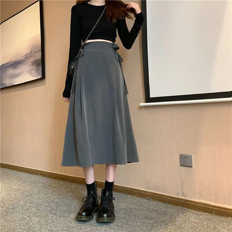 Korean Pleated Lace-Up Midi Skirt