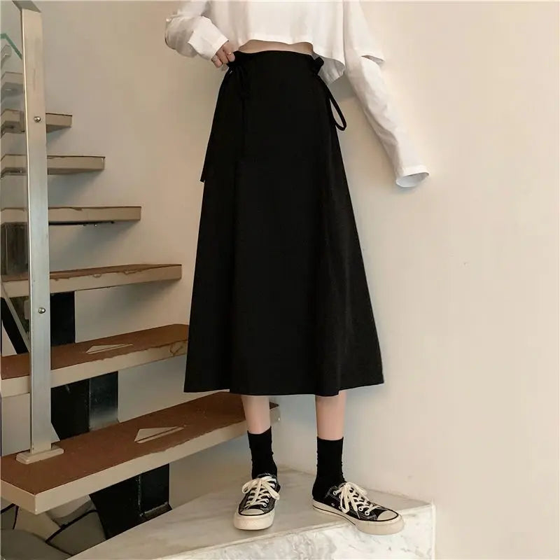 Korean Pleated Lace-Up Midi Skirt