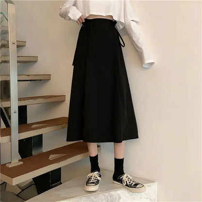 Korean Pleated Lace-Up Midi Skirt