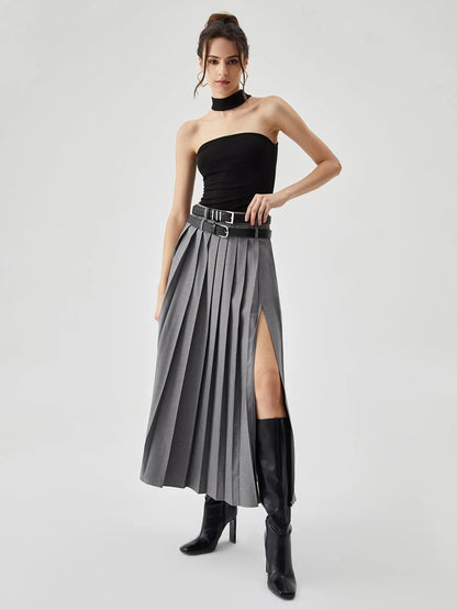 Grey Pleated Slit Ankle Skirt