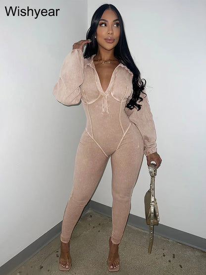 Pink Lapel Long Sleeve Jumpsuit