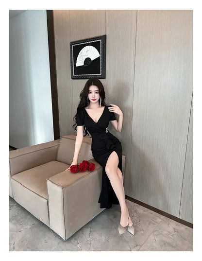 Asymmetric V-Neck Ankle Dress