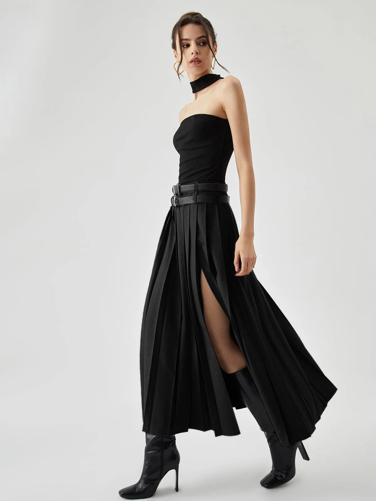 Grey Pleated Slit Ankle Skirt