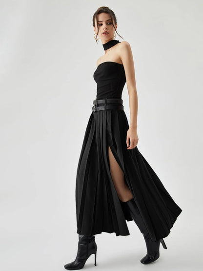 Grey Pleated Slit Ankle Skirt