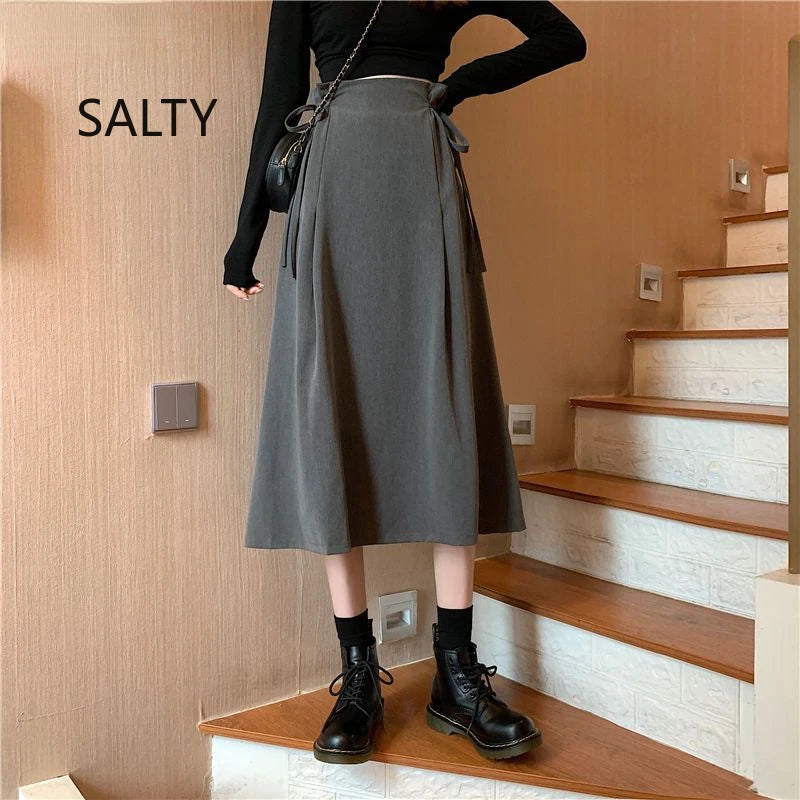 Korean Pleated Lace-Up Midi Skirt