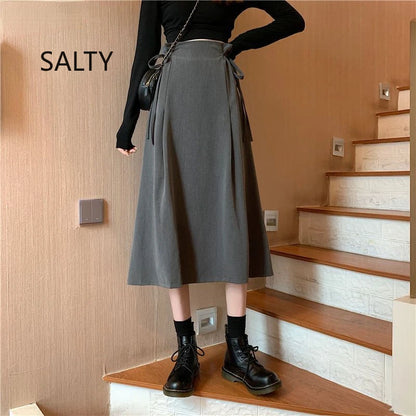 Korean Pleated Lace-Up Midi Skirt