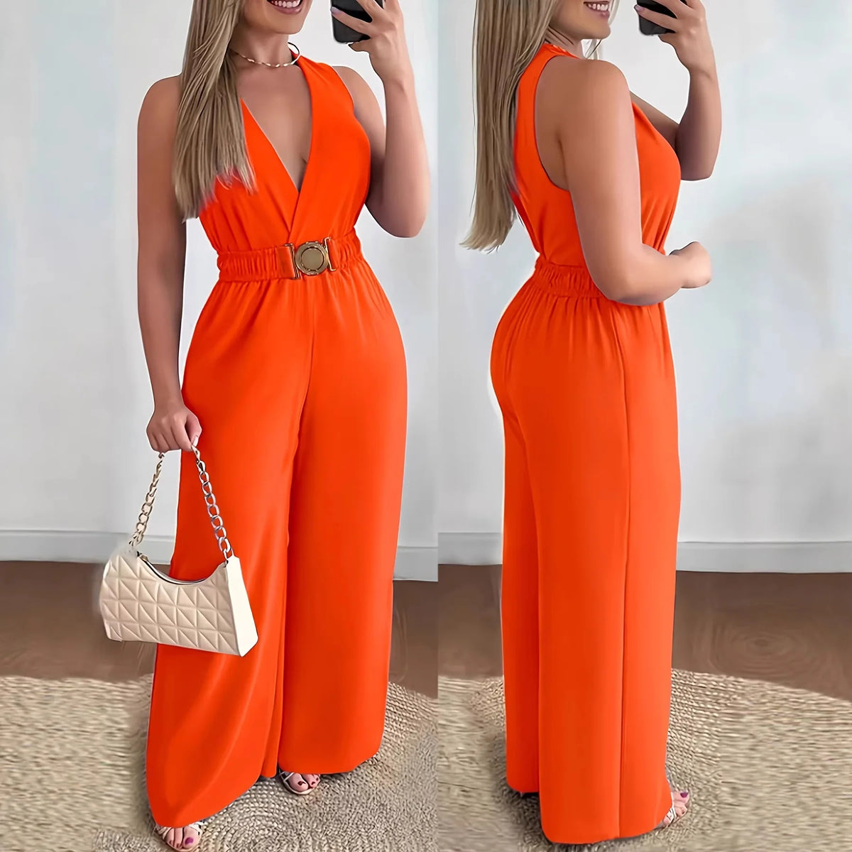 Deep V Sleeveless Wide Leg Jumpsuit
