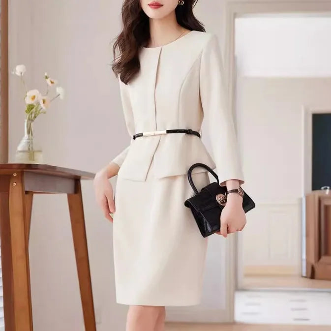 Belted Office Dress with Batwing Sleeves