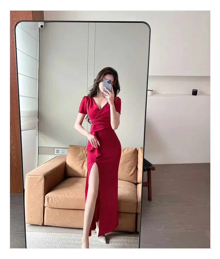 Asymmetric V-Neck Ankle Dress