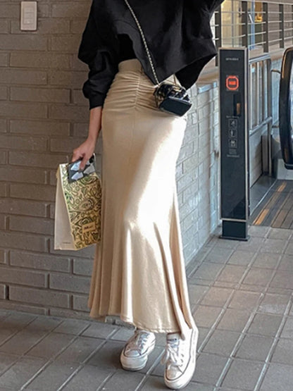 Pink Shirred Satin Midi Skirt