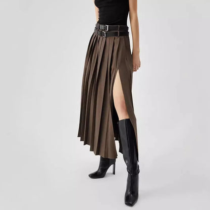 Grey Pleated Slit Ankle Skirt