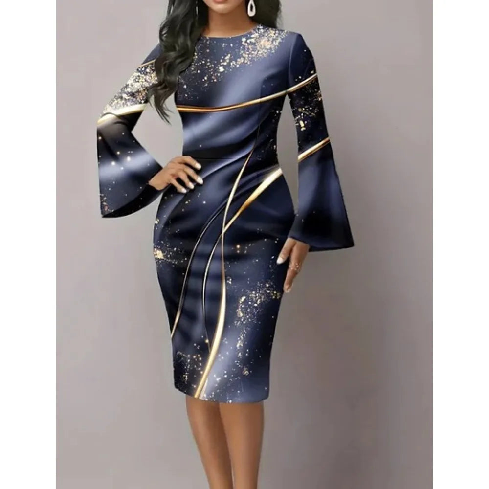 Metallic Swirl Flared Sleeve Dress