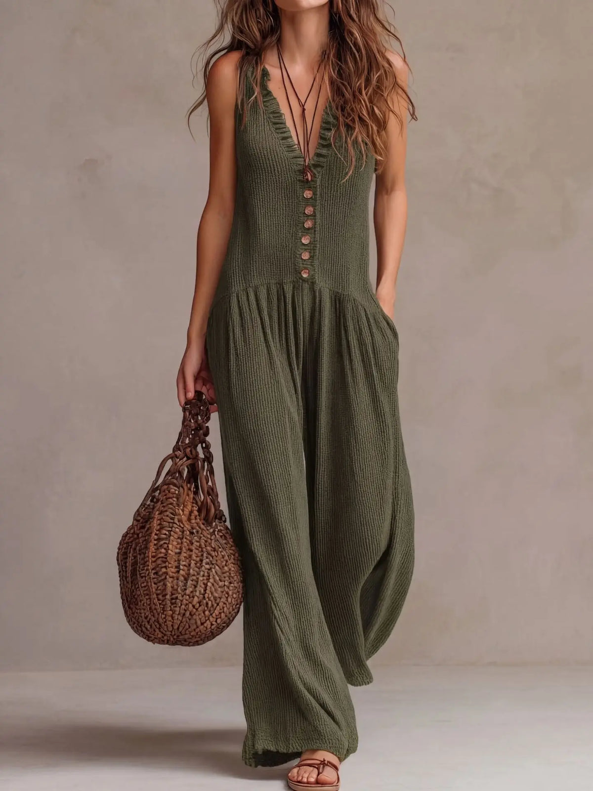 V-Neck Sleeveless Pocket Playsuit