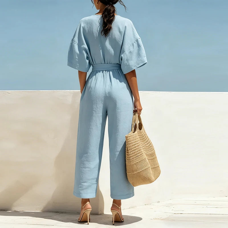 Lace-Up High Waist Half Sleeve Jumpsuit