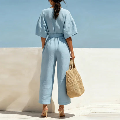 Lace-Up High Waist Half Sleeve Jumpsuit