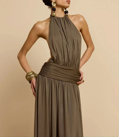 Pleated Halter Neck Banquet Dress