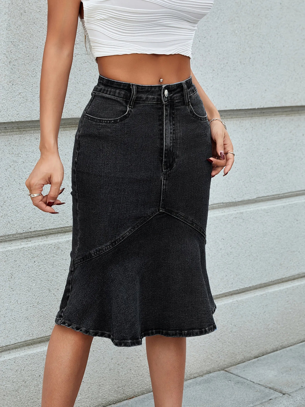 Buttoned Denim-Look Midi Skirt