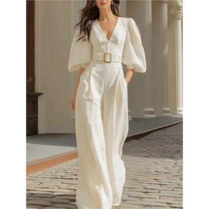 Puff Sleeve Belted Wide Leg Jumpsuit