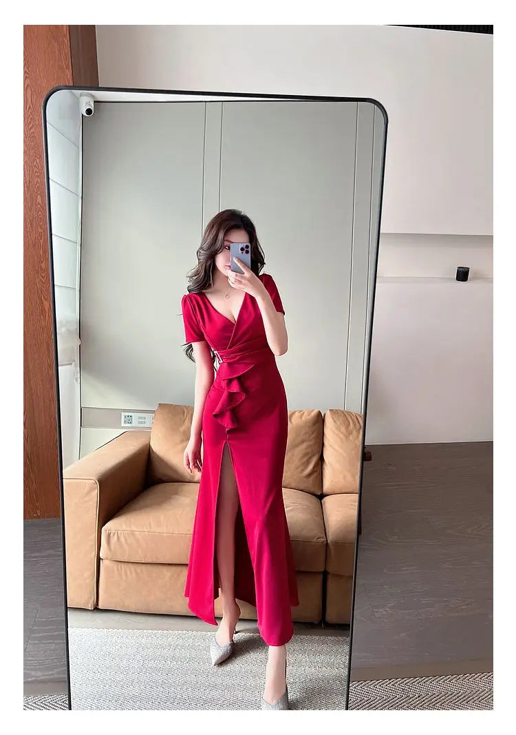 Asymmetric V-Neck Ankle Dress