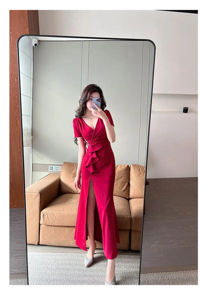 Asymmetric V-Neck Ankle Dress