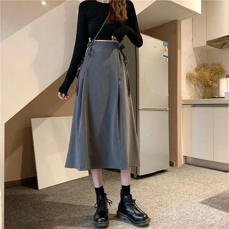 Korean Pleated Lace-Up Midi Skirt
