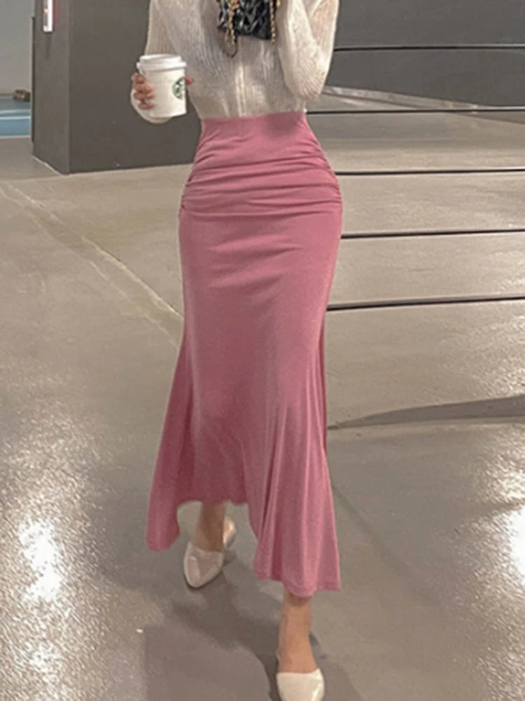 Pink Shirred Satin Midi Skirt