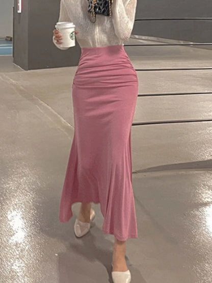Pink Shirred Satin Midi Skirt