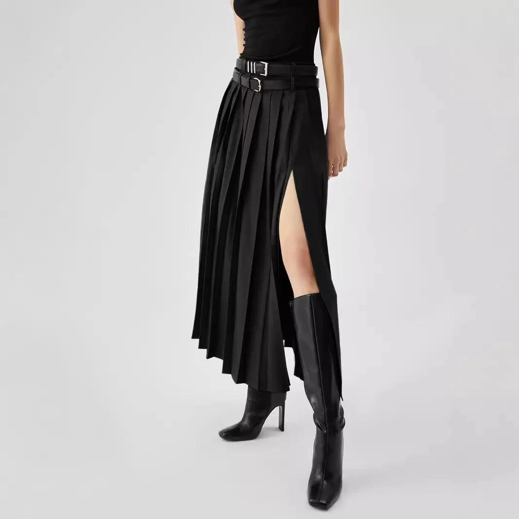 Grey Pleated Slit Ankle Skirt