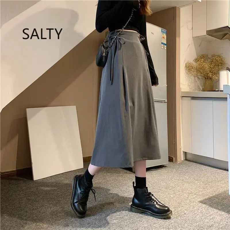 Korean Pleated Lace-Up Midi Skirt