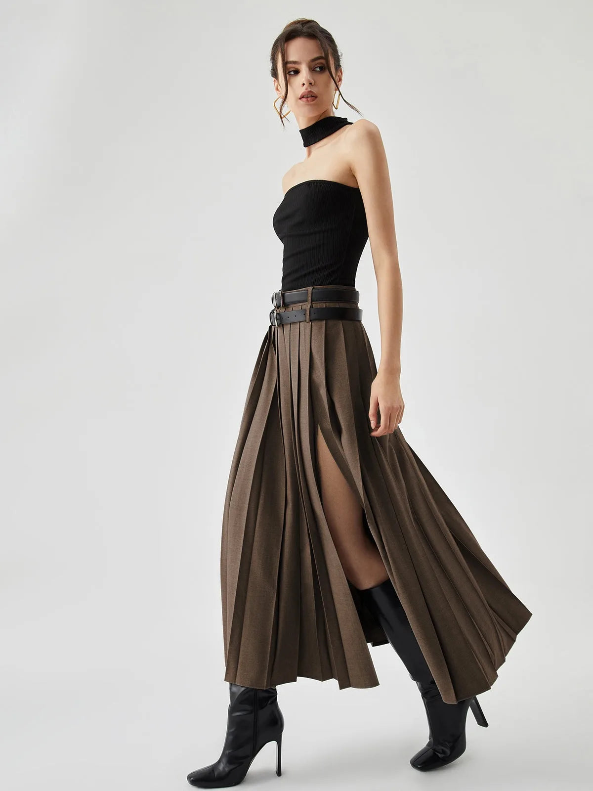 Grey Pleated Slit Ankle Skirt