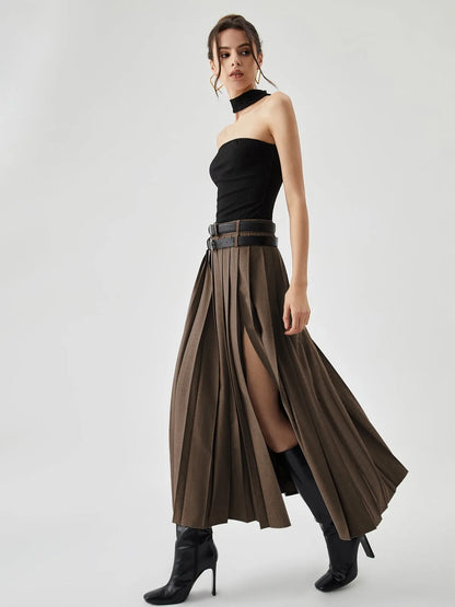 Grey Pleated Slit Ankle Skirt