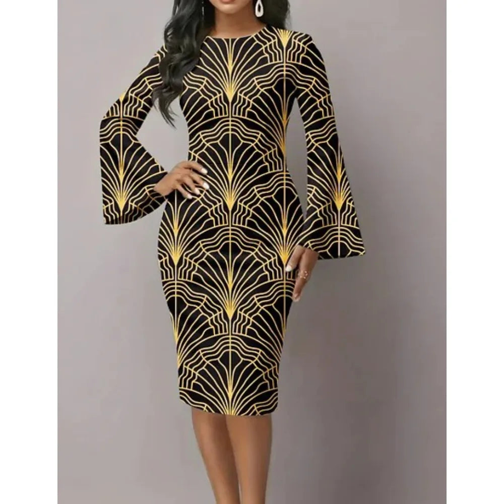 Metallic Swirl Flared Sleeve Dress