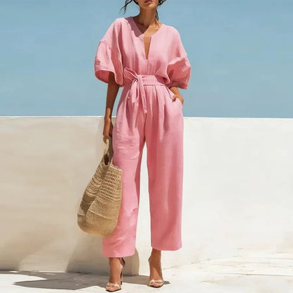 Lace-Up High Waist Half Sleeve Jumpsuit