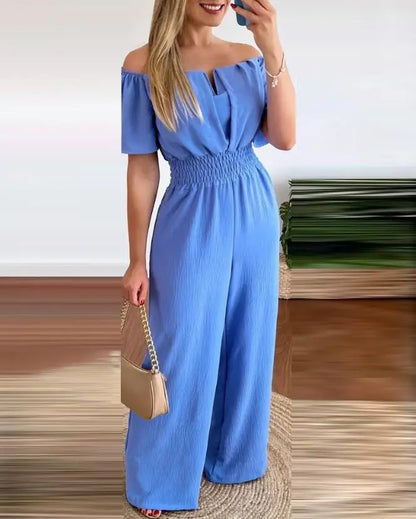 Off Shoulder Shirred Waist Jumpsuit