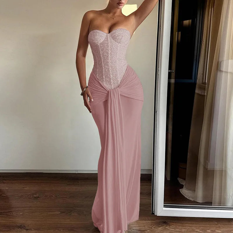 Backless Sequin Ribbon Maxi Dress